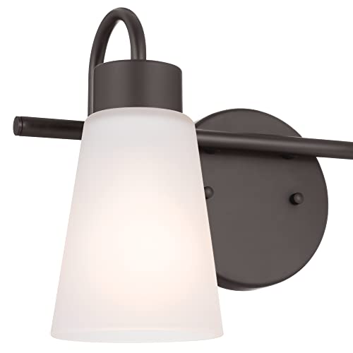 Image of Kichler Erma 2-Light Bathroom Vanity Light Fixture with Satin Etched Glass Shades, Updated Traditional Wall Sconce in Olde Bronze for Mirror (13.5 inch x 8.5 inch x 6 inch), 55125OZ