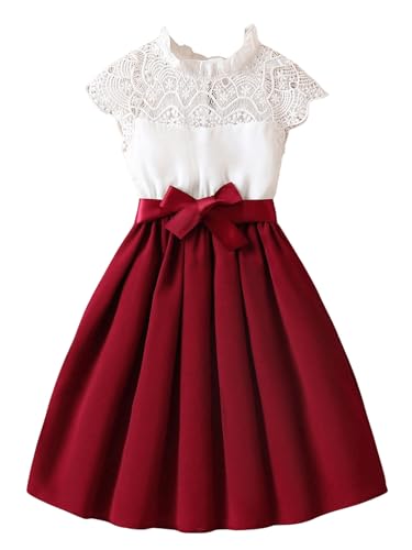 WDIRARA Girl's Contrast Lace Ruffle Mock Neck Cap Sleeve Dress High Waist A Line Belted Flared Dresses