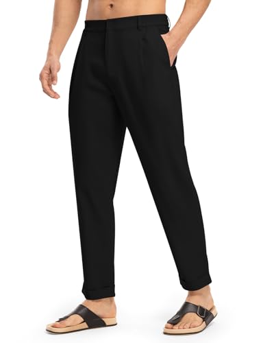 Rdruko Men's Lightweight Casual Pants Slim Fit Cotton Linen Pants Elastic Waist Summer Beach Pants with Pockets, Black, XL