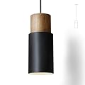 DUHU Black and Wood Pendant Light,Modern Kitchen Pendant Light Over Island,Industrial Metal Lampshade,Single Hanging Light E26 for Dinning Table,Bedroom Nightstand,Bar,Farmhouse,Height Adjustable