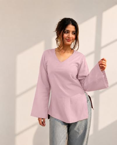 Image of Women's Cotton Short Kurti Black Solid Plain V Neck Full Bell Sleeve Casual Stylish Short Kurta for Women for Jeans Daily Girl Top