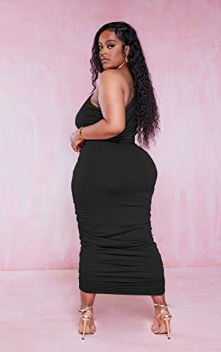LAGSHIAN Women Sexy One Shoulder Plus Size Sleeveless Ruched Bodycon Long Party Dress2