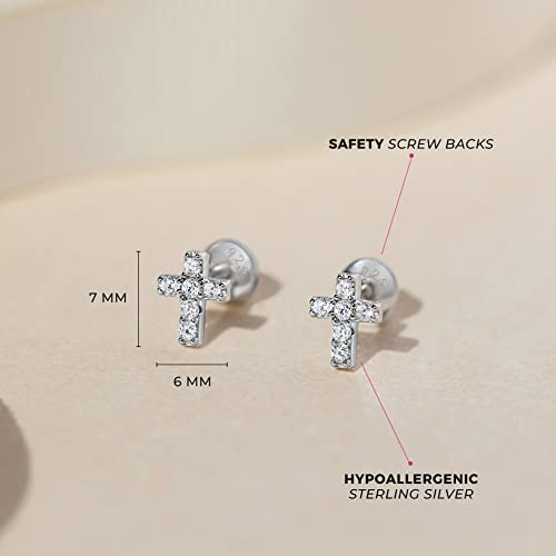 925 Sterling Silver Cubic Zirconia Little Cross Shape Stud Earrings with Safety Screw Back Lock for Toddlers, Little Girls, Pre-Teens & Teens - Christian Jewelry for Sweet & Loving Children4
