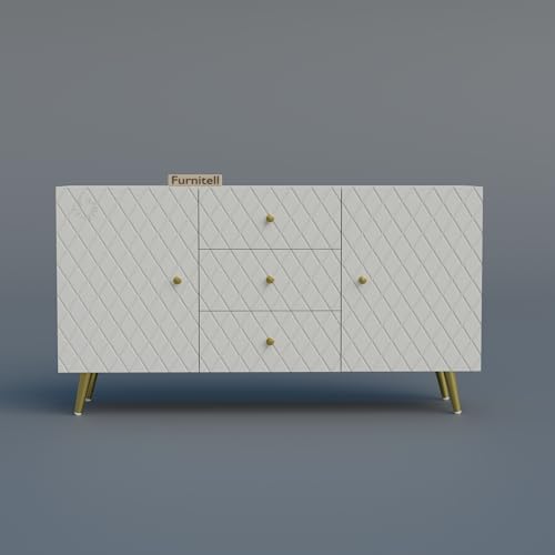 Image of Wooden Sideboard Cabinet for Living Room & Bedroom | Geometric Design Side Board Crockery Cabinet with 2 Doors & 3 Drawers Storage for Home & Entryway| HDMR Premium Wood | Golden Metal Legs (White)
