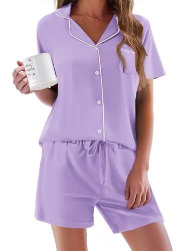 Image of Ekouaer Pajamas Set for Women Short Sleeve Sleepwear Button Down Pjs Soft 2 Piece Lounge Sets XS-XXXL