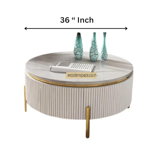 Image of WOODEN SPACE Premium Luxury Nazaara Marble-Top Coffee Table with Iron Legs & PVD Coating | Modern Round Wooden Center Table for Living Room & Entryway