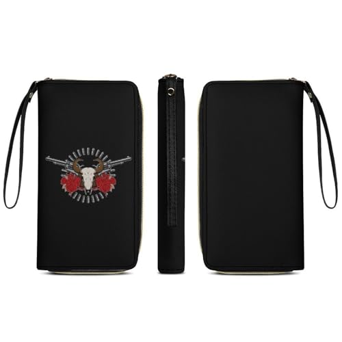 Bull Skull Rose Gun Portable Long Wallet for Women Men Zipped Travel Purse Credit Card Holder Coin Pouch3