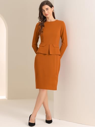 Image of Allegra K Women's Bodycon Dresses Round Neck Long Sleeve Casual Work Outfits Peplum Sheath Dress