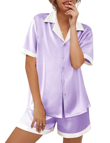 Image of Ekouaer Womens Silk Satin Pajama Set Short Sleeve PJs 2 Piece Button Down Top and Shorts Notch Collar Sleepwear Sets Soft Pjs