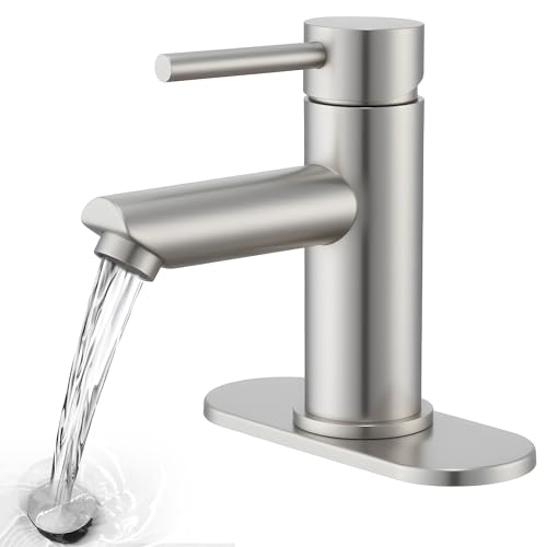 Brushed Nickel Bathroom Sink Faucets Single Hole Single Handle Stainless Steel Bathroom Faucet RV Faucet Deck Mount 1 Hole or 3 Holes with Pop-up Drains with Overflow