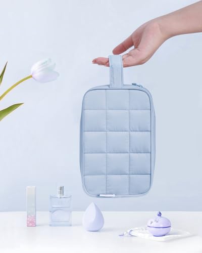 Image of Narwey Puffy Travel Toiletry Bag for Traveling Women Girl, Travel Bag for Toiletries, Cute Makeup Bag Cosmetic Bag Organizer, Quilted Make Up Skincare Medicine Bags (Blue)