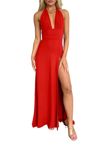 Image of Ekaliy Womens Sexy Halter Deep V Neck Maxi Dress Sleeveless Backless Split Long Dress