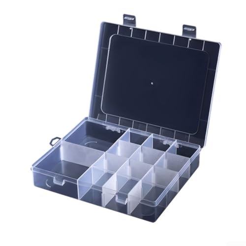 Violiica Caja de almacenamiento de plástico con 14 compartimentos ajustables, organizador transparente con cerradura para piezas pequeñas, tornillos, clavos, joyas y accesorios