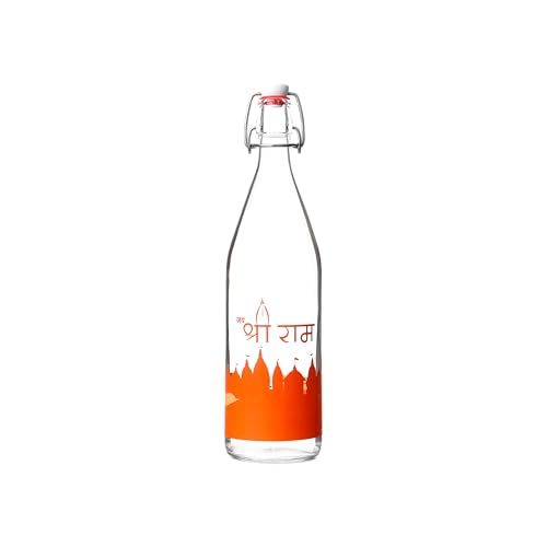 Image of SAND DUNE Glass Water Bottle Set of 1, 1000 ml, Shree Ram Mandir Printed, Clip Top Cap, Leak-Proof Bottle for Water, Milk, Gangajal, Panchamrit, Spiritual, Decor & Gifting