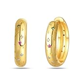 Cycuff Pendientes de aro de plata de ley 925 con circonita cúbica colorida, para mujeres, adolescentes y niñas, juego de aretes de regalo para ella (aretes de punto de estrella dorada), Plata de ley