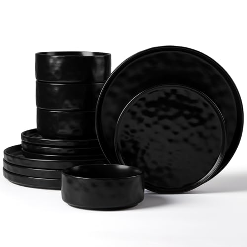 Herogo 12 Piece Dinner Set Stoneware Dinnerware Sets for 4 People Reactive Glaze Dining Plates and Bowls Microwave and Dishwasher Safe Chip and Scratch Resistant Matte Black