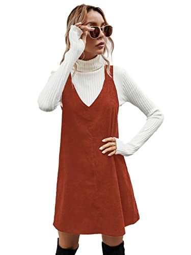 Milumia Women V Neck Corduroy Pinafore Overall Mini Dress Jumper Dress Rust Medium cover