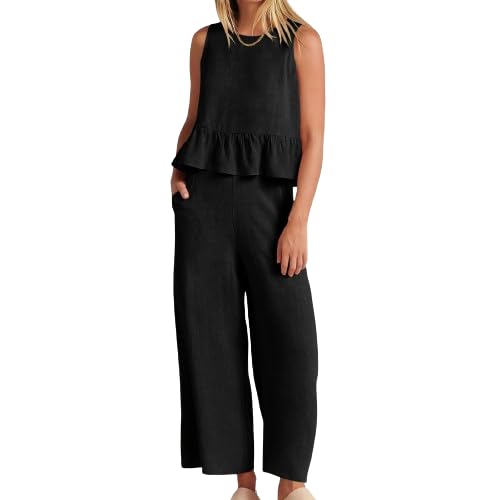 Women 2 Piece Linen Outfits Pantsuits 2024 Summer Casual Crewneck Ruffle Tank Crop Top Wide Leg Pants with Pockets