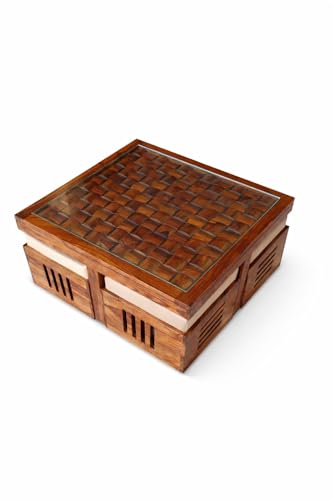 Image of Solid Sheesham Wood Center Coffee Table Set - Includes 4 Stools and Glass top Table Wooden Niwar Design ; Furniture for Living Room, Hall and Office. (Natural)