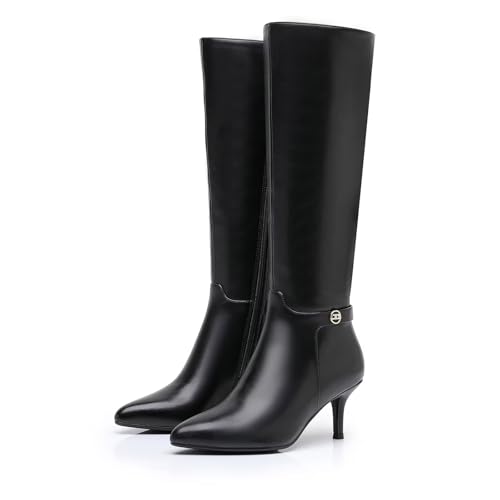 Knee High Boots for Women Black Fashion Pointed Toe Stiletto low-heel Boots Side Zipper Tall Boots2