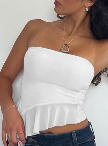 Remidoo Tube Tops for Women Sexy Sheer Mesh Strapless Top Asymmetrical Hem Ruffle Cropped Shirt2