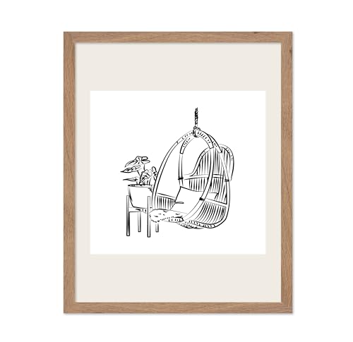 Poster Master Bamboo Swing Chair Poster - Retro Botanical Print - Floral Artwork - Line Sketch - Abstract Design - Chic Boho Art - Great Office or Living Room Wall Decor - 11x14 Beige Framed