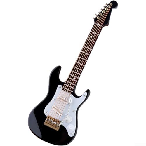 Modelo de guitarra eléctrica en miniatura de madera, 14 cm, con cuerdas y remolinos, incluye funda de terciopelo y soporte como regalo decorativo para músicos y coleccionistas en negro (negro)