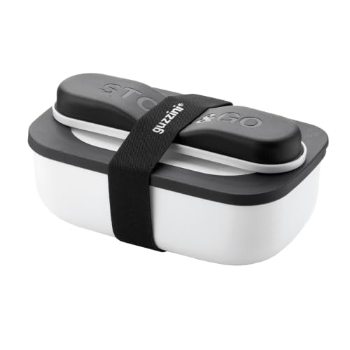 Guzzini Store&Go, Contenitore Pranzo Portatile con posate, Bianco, 900 ml | Ermetico, Utilizzabile in microonde con il coperchio, Posate da viaggio in acciaio con custodia incluse