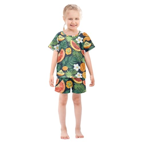 ALAZA Tropical Watermelon Flower Palm Leaves Pajamas Short Sleeve 2 Piece Sleepwear Top and Bottom Pajama Set Unisex3