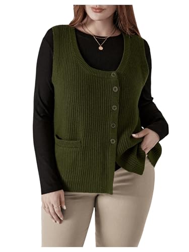 MakeMeChic Women's Plus Size Sweater Vest Scoop Neck Button Down Crochet Knit Sleeveless Sweater Vest