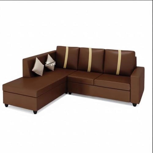 Image of FURNY Nathanoy 4 Seater Leatherette LHS L Shape Sofa Set (Brown) Premium Finish | Ideal for Living Rooms