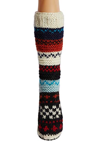 Image of Tibetan Socks Hand Knit Wool Fleece Lined Long Slipper Socks with Non Slip Soles