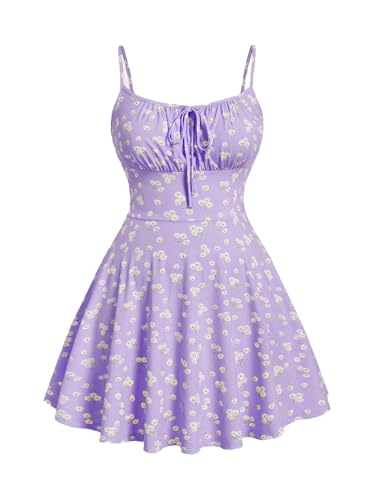 Image of Floerns Women's Plus Size Boho Floral Milkmaid Bow Tie Ruched Cami Summer Holiday Flowy Mini Dress