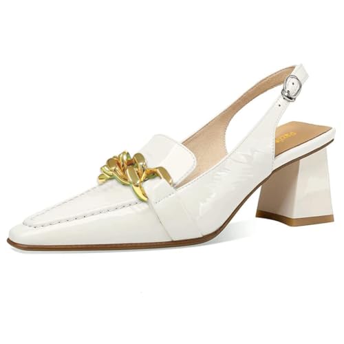 Pazzion Women Chic Closed Square Toe Chunky Heel Slingback Pumps Slip On Mid Heel Gold Chain Loafers Formal Ladies Office Business Shoes Size 4-16 US