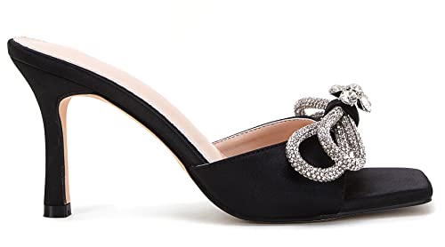 Vetaste Women's Heeled Sandals Square Open Toe Double Bow Satin Mules Heels Wedding Party Slip On Stilettos #TOP1