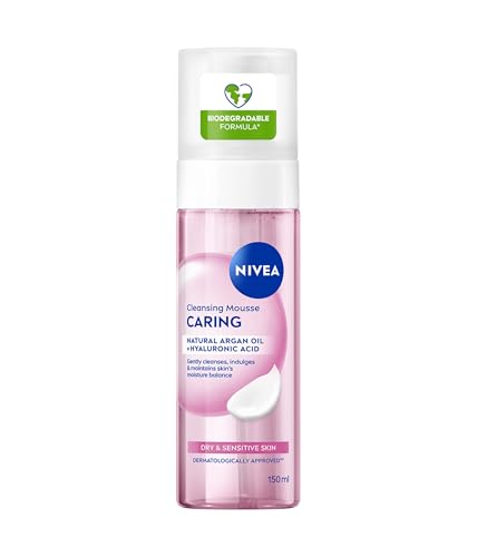 NIVEA Mousse Detergente Viso Nutriente 150 ml, Schiuma detergente viso con Olio di Argan e Acido Ialuronico idratanti e lenitivi, Foaming cleanser per una skincare per pelle secca e sensibile