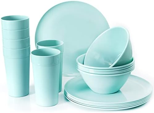 Youngever 18 Piece Re-usable Plastic Kitchen Dinnerware Set, Plates, Dishes, Bowls, Cups, Service for 6 in Assorted Colors (Mint)