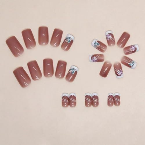 Image of Butterfly Press on Nails White French Tip Fake Nails Short Square False Nail with Design Rhinestone Glue on Nails Artificial Acrylic Full Cover Nude Stick on Nail for Women Manicure 24pcs