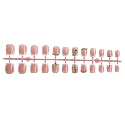 Image of Bow Press on Nails White Nail Press ons with Gold Rhinestone Design French Tip Glue on Nails Short Square Fake Nail Glossy Full Cover Artificial Acrylic Nude Stick on Nails for Women Manicure 24Pcs
