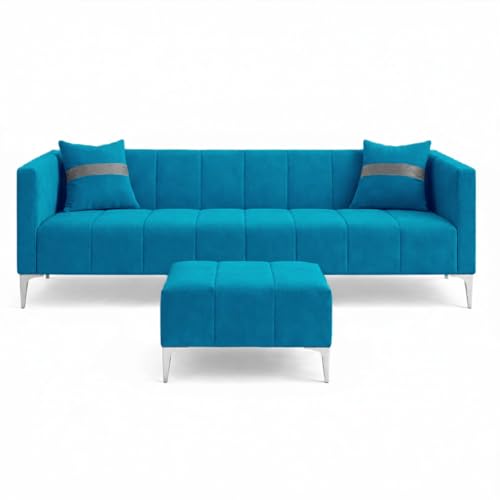 Image of Solomon 4 Seater L Shape Sofa Set with Movable Ottoman | Flexible Left or Right Layout | Luxe Velvet Suede Fabric | Comfortable Seating | Modern Sofa for Living Room - Aqua Blue