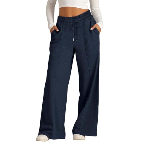 Teen Girls Sweatpants Girls Sweatpants Wide Leg Kids Elastic High Waist Baggy Straight Leg Sweat Pants with Pockets for Teen Dark Blue 12-13 Years Cute Back to School Clothes for