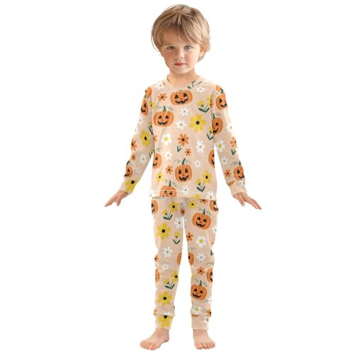 Pajama Sets Long Sleeve Halloween Pumpkins Flowers on Peach Soft Comfy Sleepwear 2 Piece PJS 3-8T2