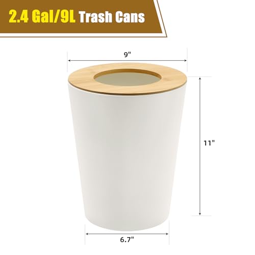 Image of White Trash Can for Bedroom with Bamboo Lid, 2.4 Gallon Open Top Trash Can 2 Pack, Modern Aesthetic Garbage Can for Room Office Living Room, Small Bathroom Trash Bin Boho Style