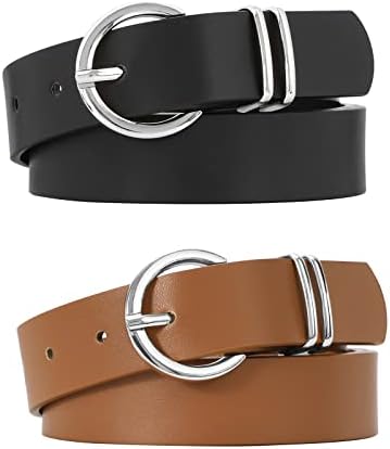 JASGOOD Womenโs Leather Belts for Jeans Dresses Fashion Gold Buckle Ladies Waist Belt,2 Pack