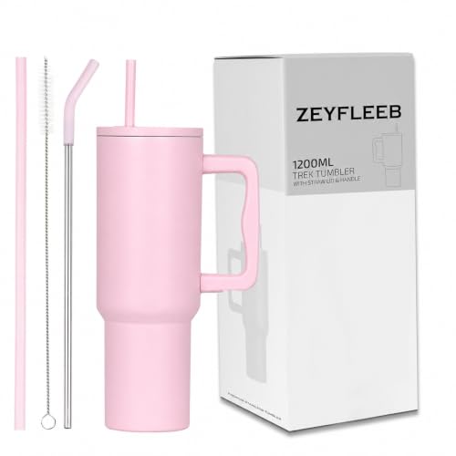 Image of 1200ML Stainless Steel Tumbler with Handle & Lid, 2 Straws - Large Travel Mug Water Cup for Gym, Office & Outdoor Use (Pink)