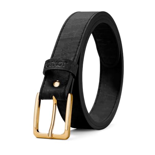 Corkor Damen Kork Gürtel 1 1/20.3 cm - Braun & Schwarz Riemen mit Silber & Gold Nickelfreie Schnalle, Vegan Leder Alternative, Schwarzer Riemen/goldene Schnalle, XXXL - (Fits waist 47-51')