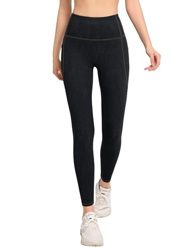 Yvette Leggings Sport Femmes Effet Jean Taille Haute avec Poche Confortable Extensible Fitness Gym Pantalon de Sport Streetwear Noir-Long XL