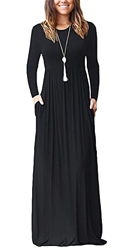 Image of AUSELILY Womens Long Sleeve Maxi Dress Casual Empire Waist with Pockets