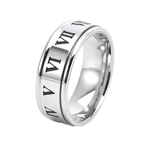 Ayoiow Bague Simple Homme Anneau Acier Inoxydable 8MM Chiffres Romains Tournante Argent Bague Anti...