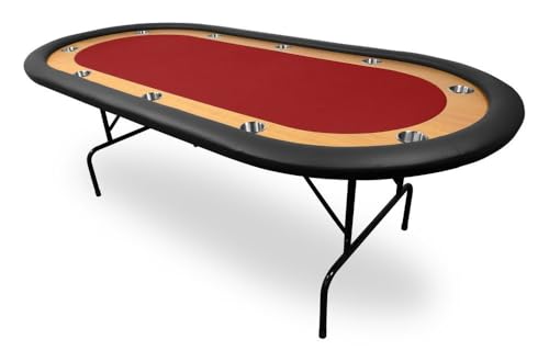 Table de Poker 10 Joueurs Pliable 215×110 cm, Pieds Acier, Racetrack Bois, 10 Porte-Gobelets (Rouge)